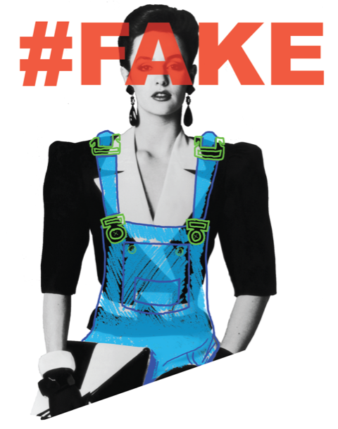 Photo of model in overalls with #Fake written over her face
